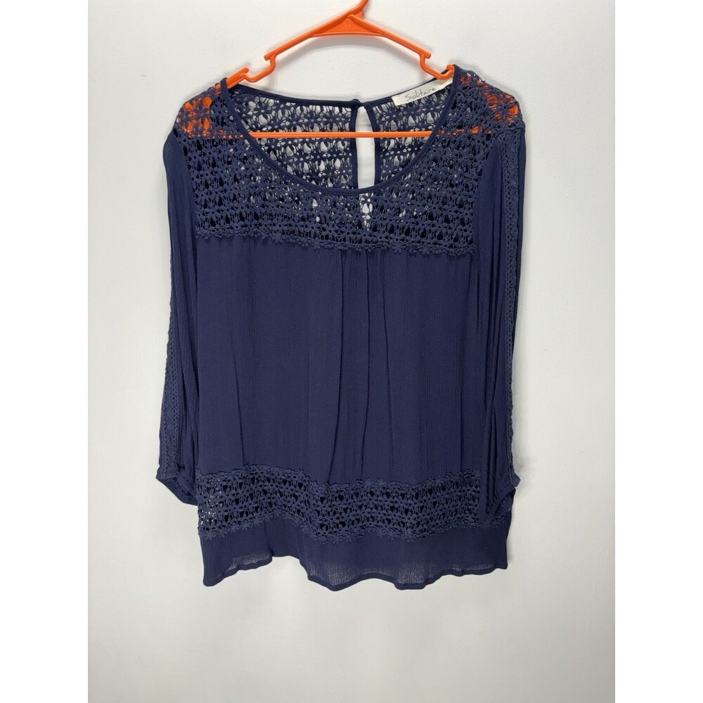 Solitaire Women’s Navy Split Neck 3/4 Sleeve Lace Embellished Boho Top  Rayon L